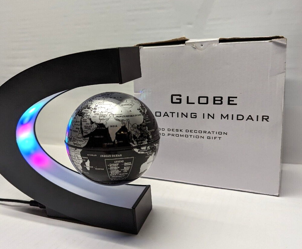 Black Globe Floating Magnetic C Shaped LED World Map Decor