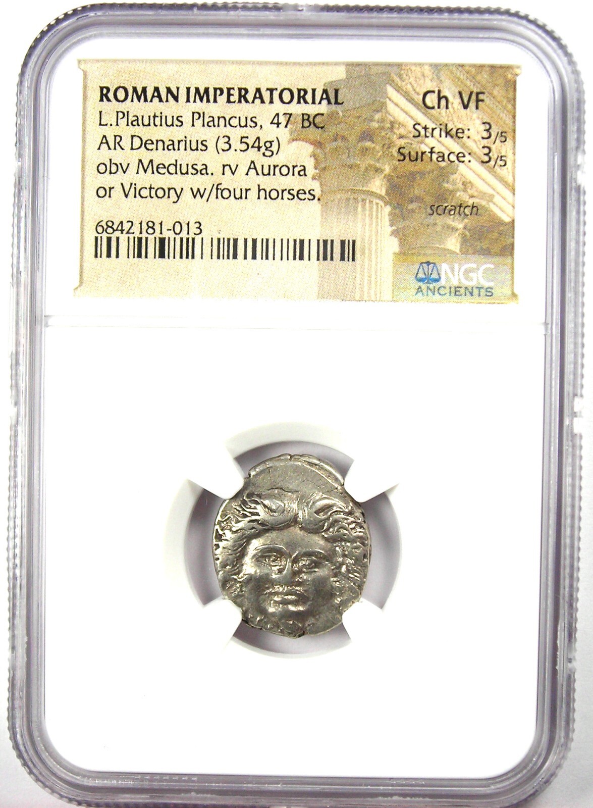 L. Plautius Plancus AR Denarius Medusa Coin 47 BC - Certified NGC Choice VF