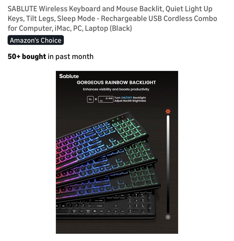 SABLUTE Wireless Keyboard & Mouse Backlit Rechargeable Combo Black