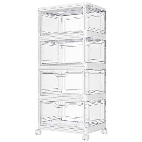 Clear Storage Bins with Lids - 4-Tier Stackable Plastic Bins with Wheels, 23 QT