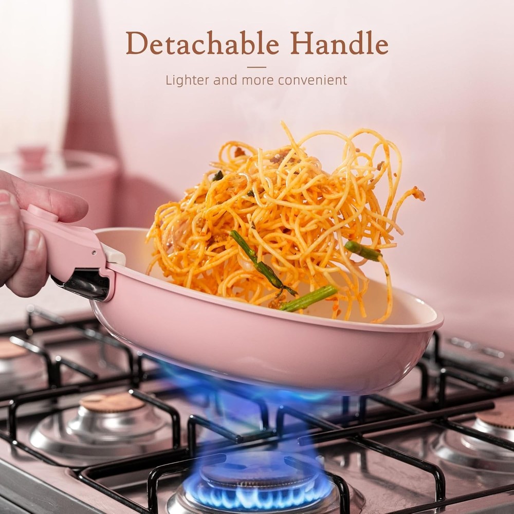 21Pc Nonstick Ceramic Cookware Set – Detachable Handle Stackable Pink