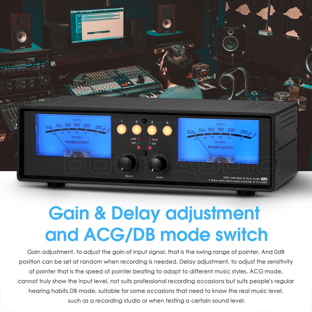 4-Way Analog VU Meter DB Panel Audio Switcher Sound Level Indicator Splitter Box