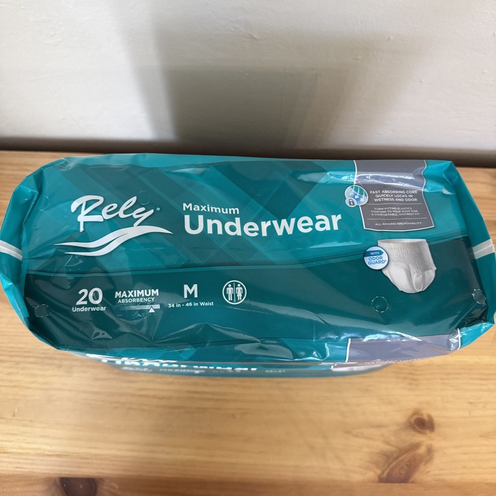 RELY INCONTINENCE BRIEF MAXIMUM ABSORBENCY UNDERWEAR 20-COUNT MEDIUM 34"-46"