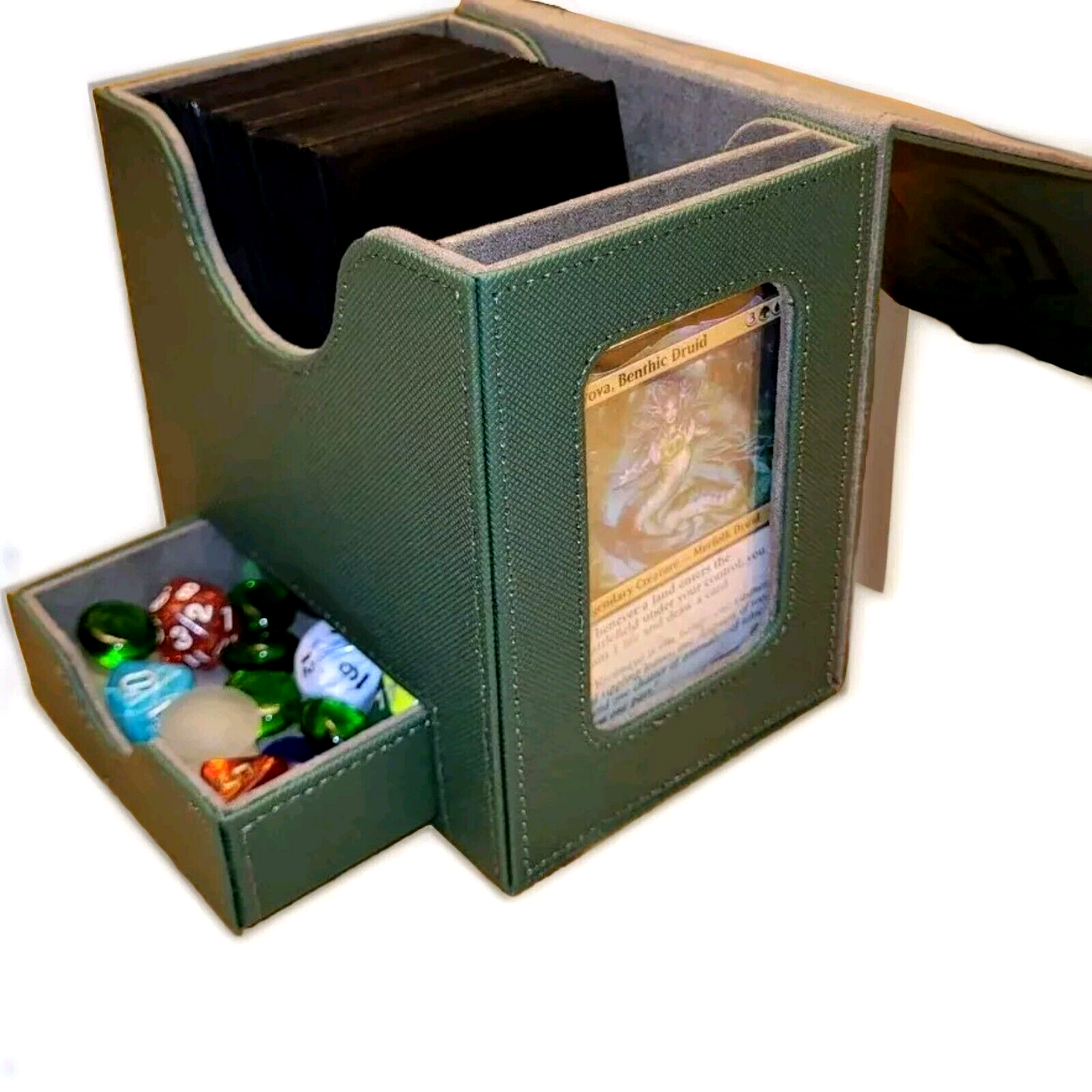 MTG Commander Deck Card Box Display Window Dice Drawer 100+ Double Sleeved Green