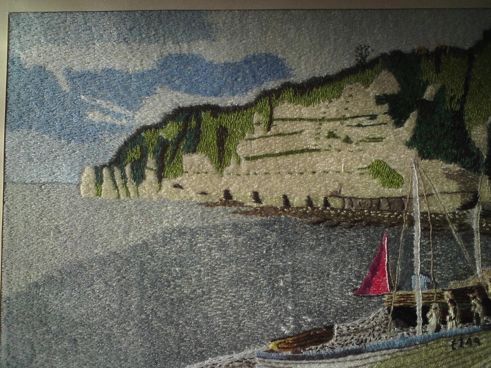 Framed Embroidery Needlework / Wool-work Picture - Beer Harbour, Seaton Devon