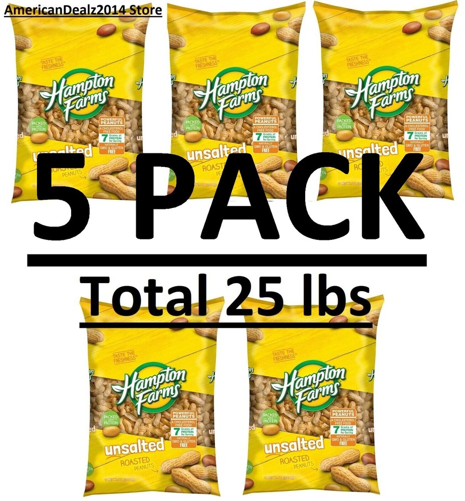 5 PACK - Hampton Farms Unsalted In-Shell Peanuts (5 lbs.) Total 25 lbs
