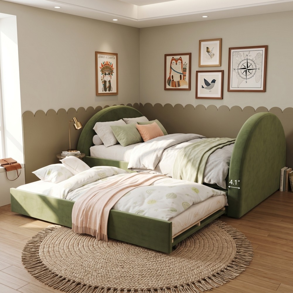 Full Size Upholstered Day Bed Frame With Pull In And Out Function, Olive Green