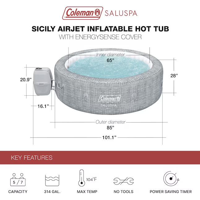 Coleman Sicily AirJet Round Inflatable Hot Tub with EnergySense Cover Grey