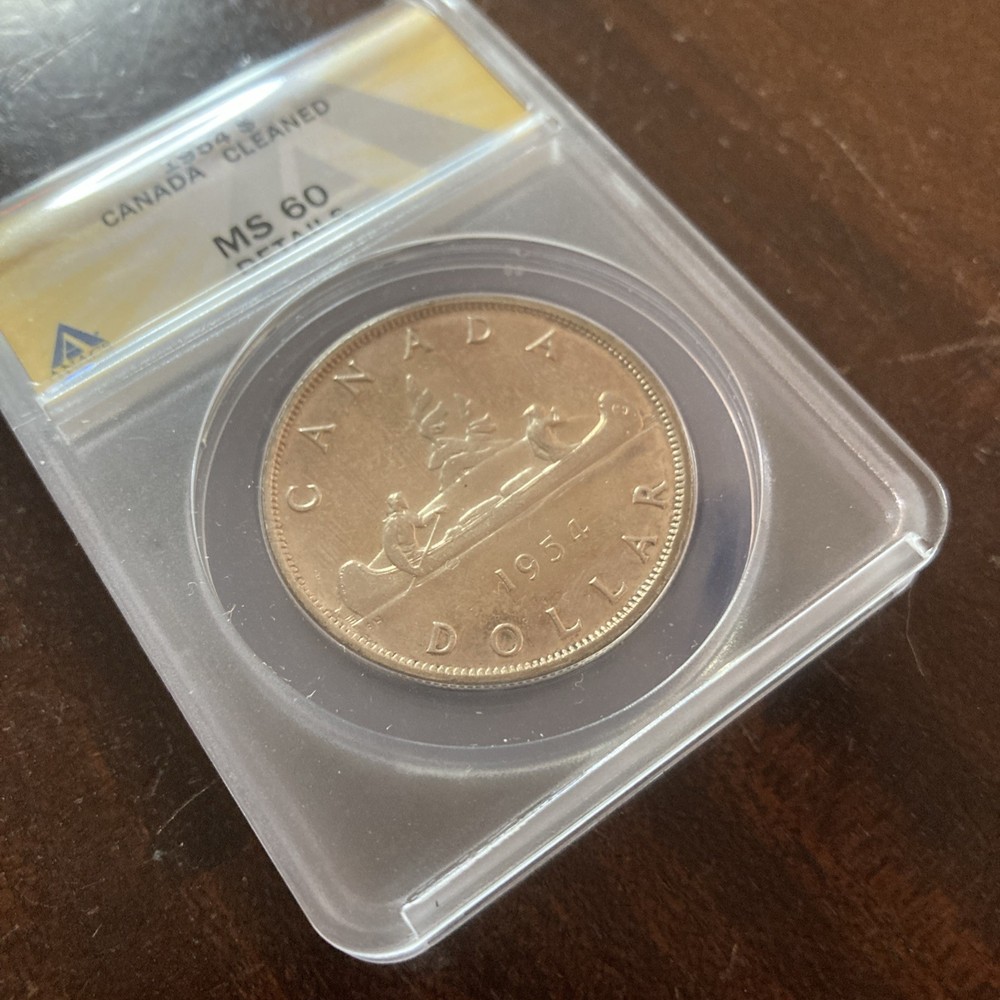 1954 CANADA SILVER $1 DOLLAR...ANACS MS60 DET/CLEANED