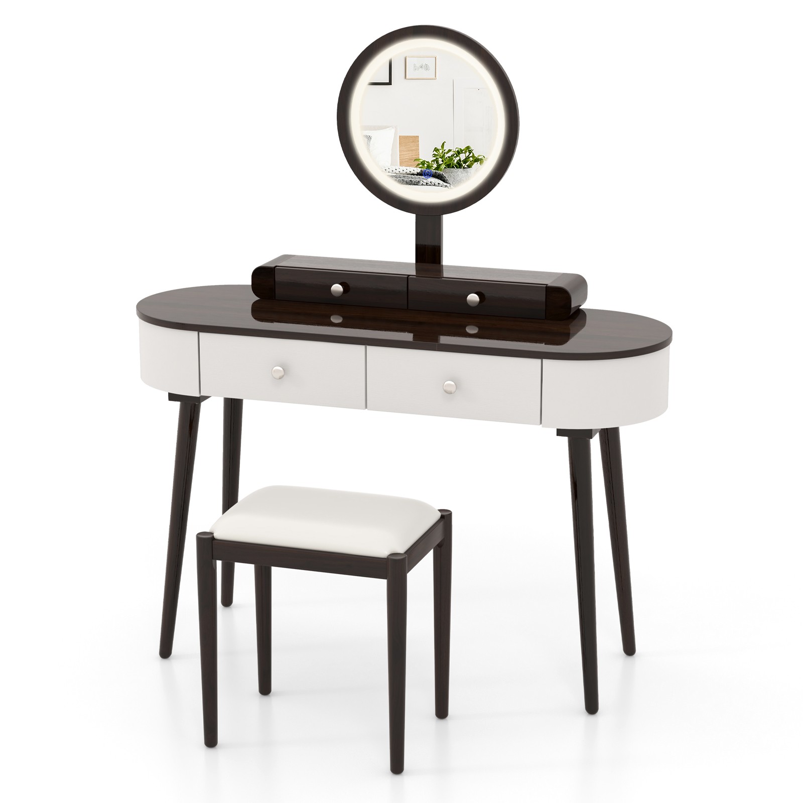 Solid Wood Makeup Vanity Desk Set w/LED Lighted Mirror, Drawers, Cushioned Stool