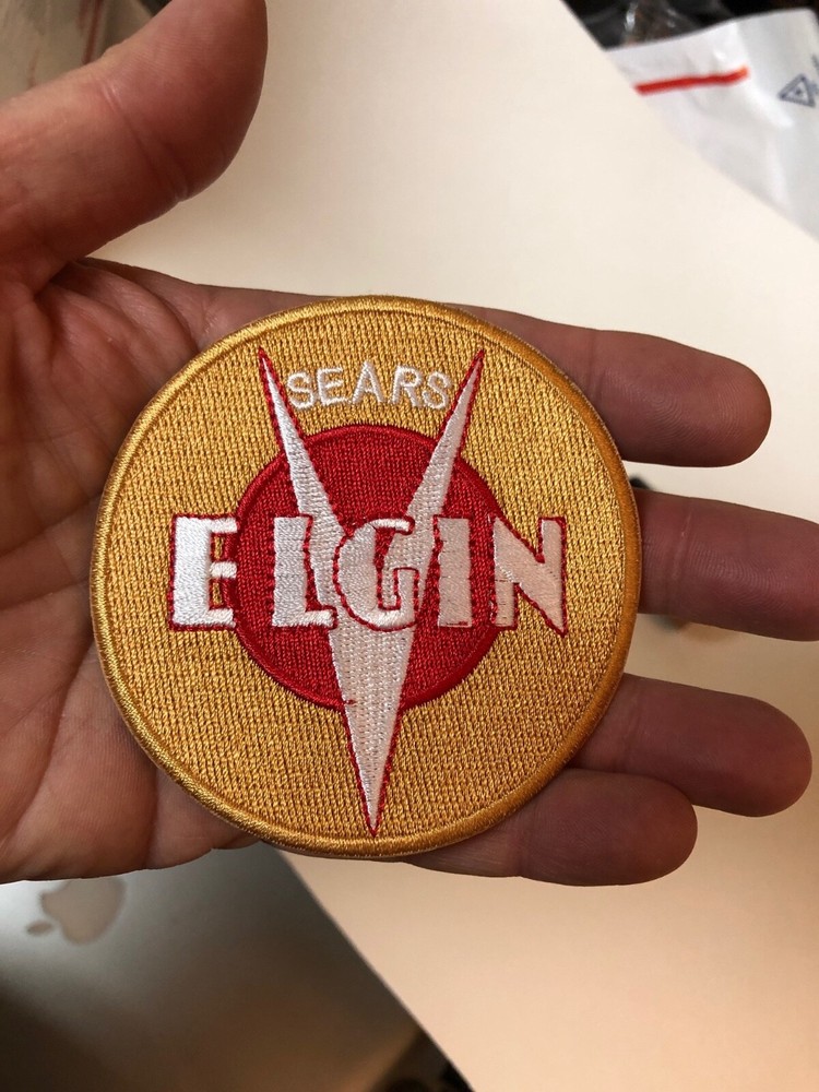 ELGIN BICYCLE PATCH BICYCLE HEADBADGE patch SEW ON - IRON ON. MINT ELGIN LOGO