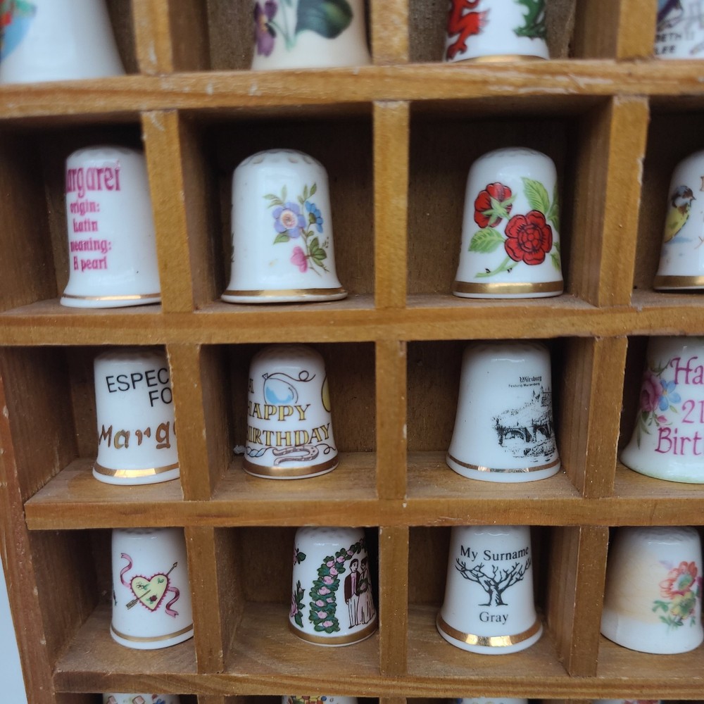 Vintage Thimble Display Case with 50 Mixed Various Thimbles Good Condition