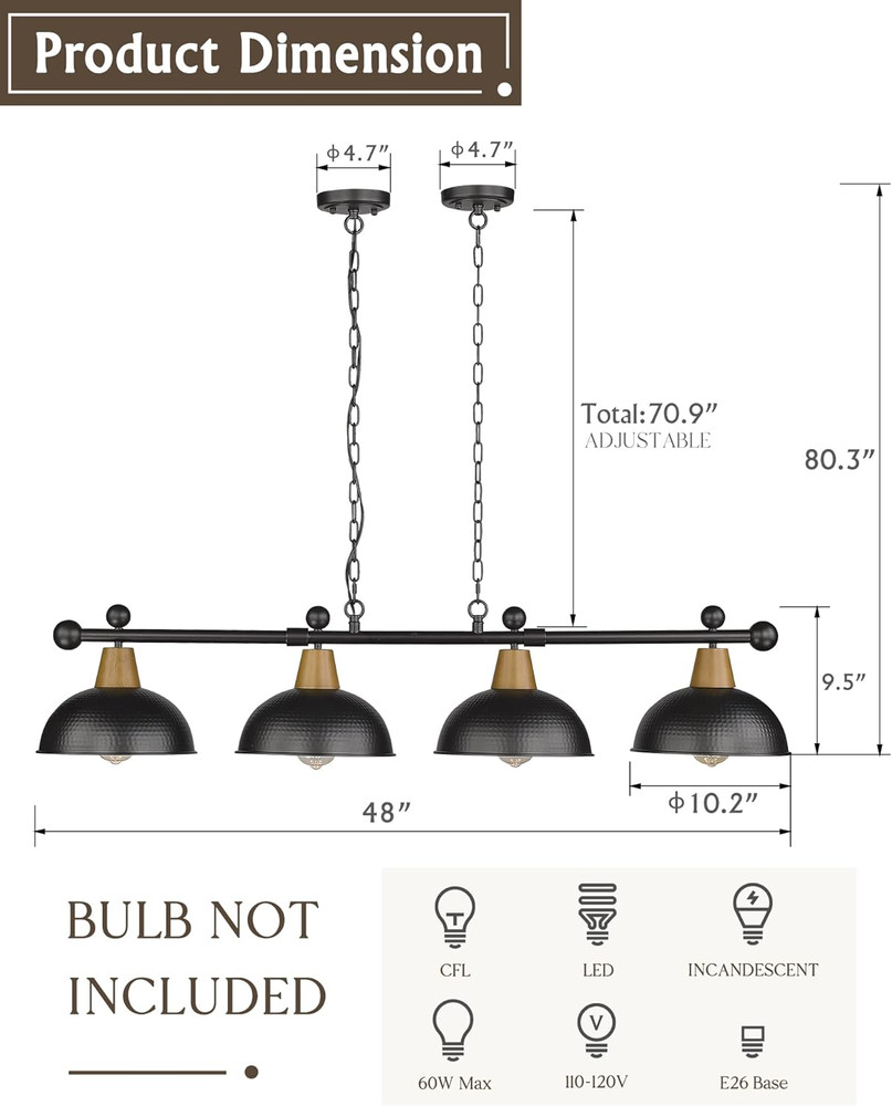 4-Light Pool Table Lights for 7Ft/8Ft Table, 48" Modern Billiard Llight Kitchen