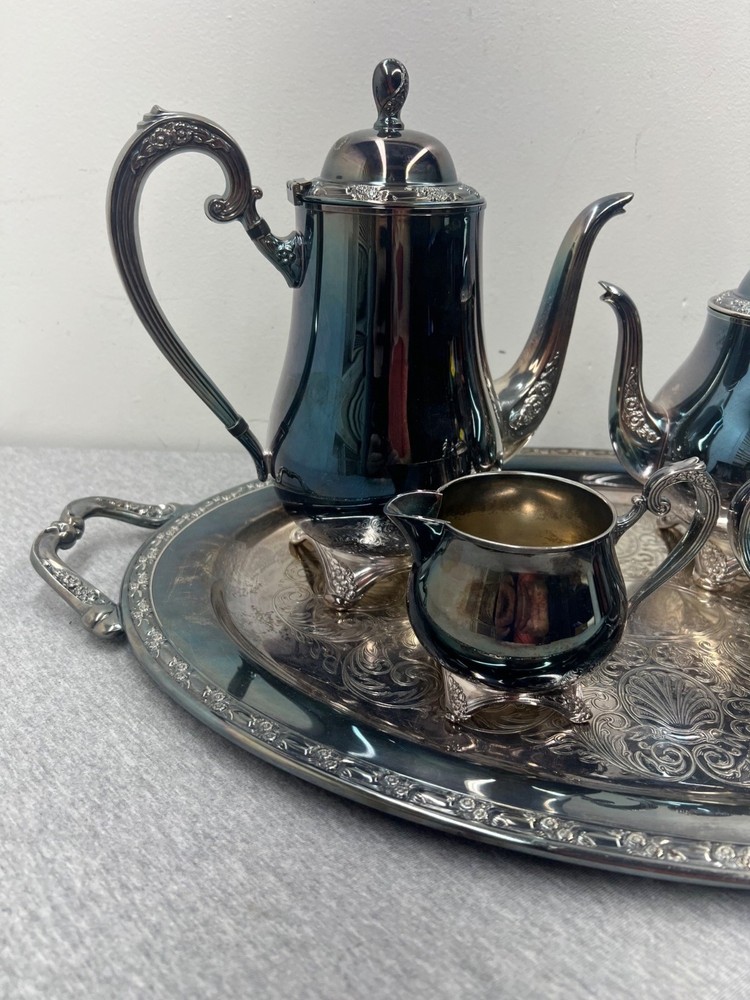 Oneida Silversmiths Silver-Plated 5-Piece Tea Set With Etched Serving Tray