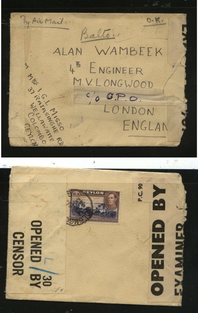 Ceylon  nice  double  censor cover  to  England         MS0808