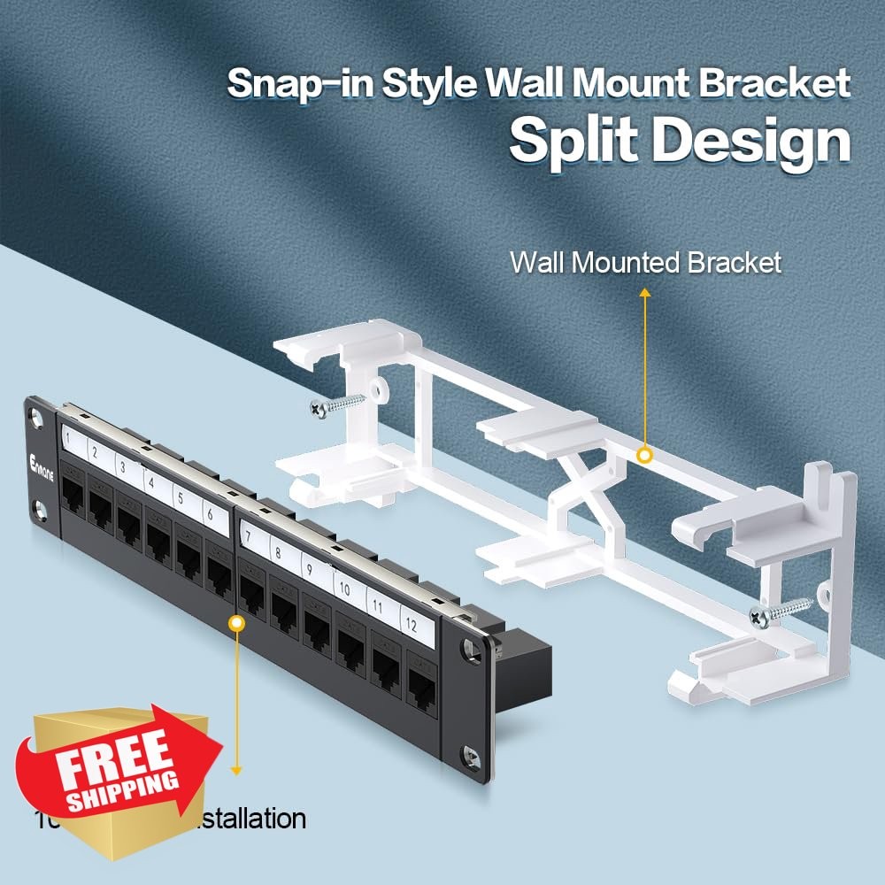 Enmane 12 Port CAT6 Patch Panel 10 Inch Wall Mount Bracket