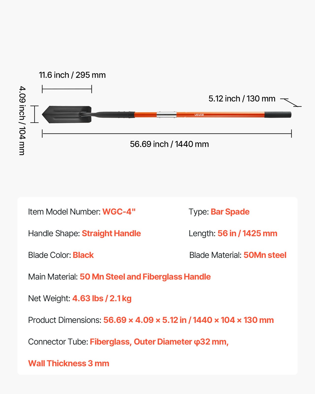 VEVOR Trench Shovel 4 in Trenching Shovel Fiberglass Handle for Digging 56 in