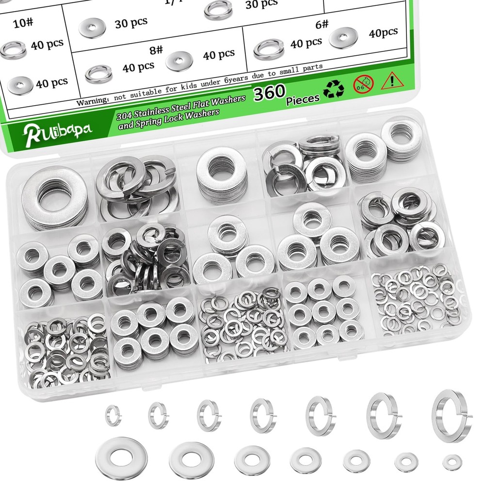360 Pcs Flat Washer and Spring Lock Washers Assortment Kit7 SAE Sizes Washers