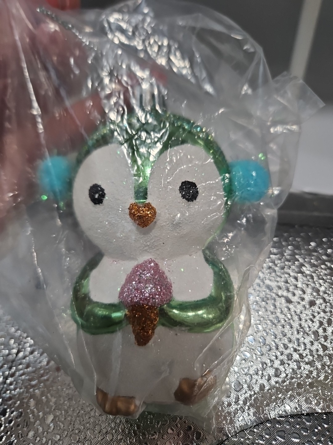 Holiday Lane Green & White Glitter 4” Penguins Earmuffs Ornament NWT