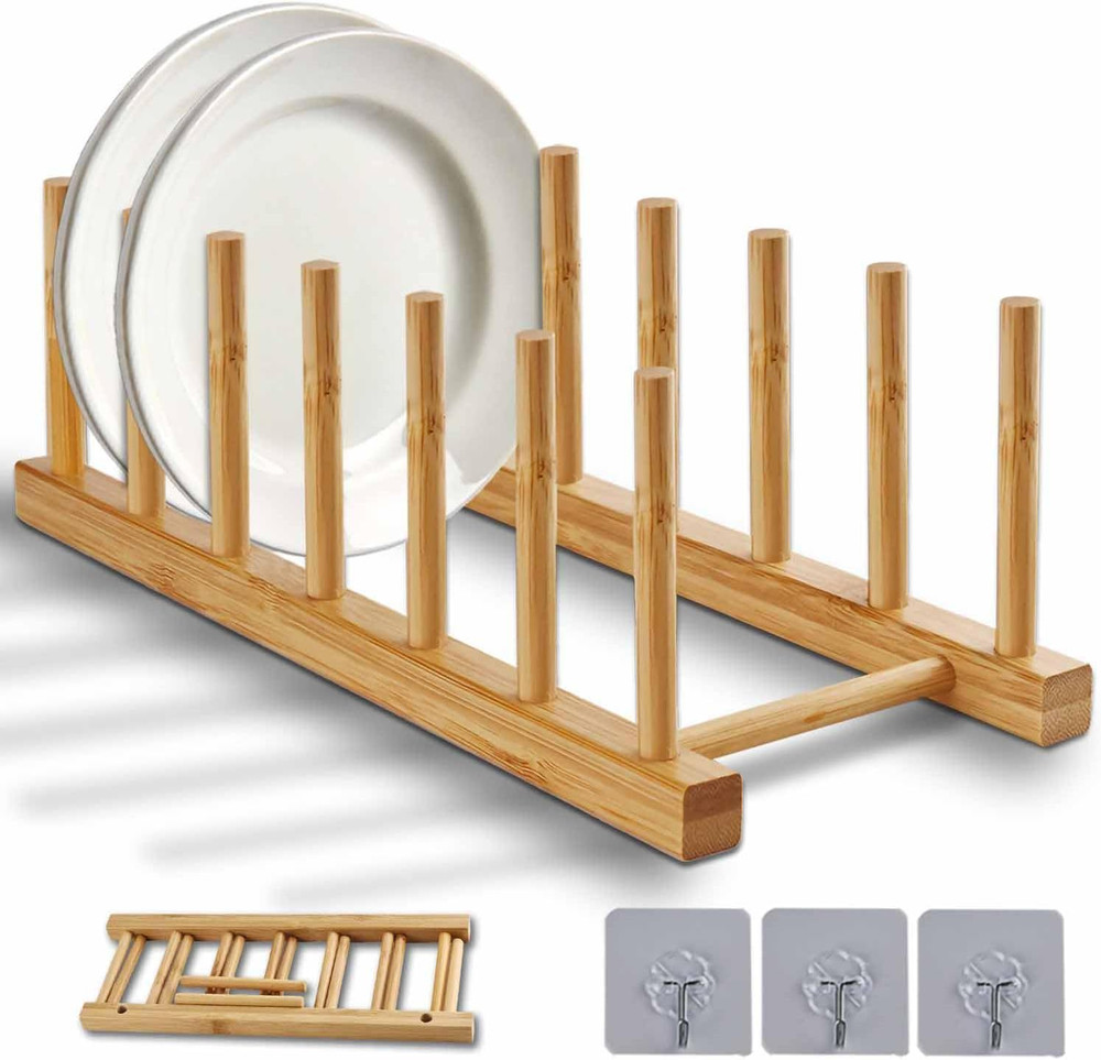 Bamboo Dish Rack, Stylish Vertical Wooden Plate Holder & Drainer, Multi-Purpose