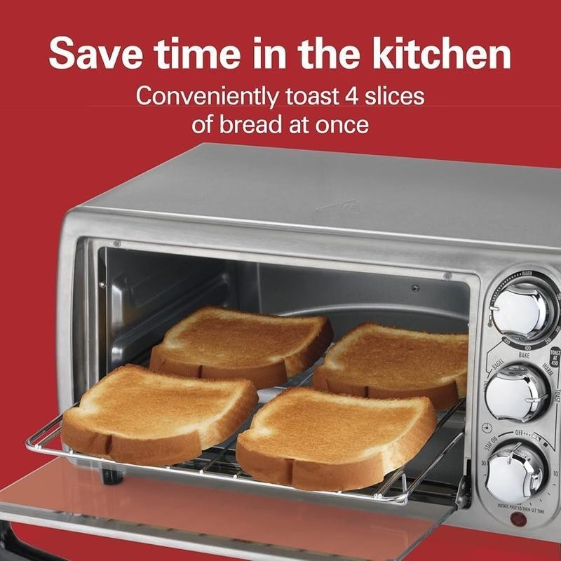 4 Slice Toaster Oven W/ Baking Broiling Toasting Keep Warm & Automatic Shutoff