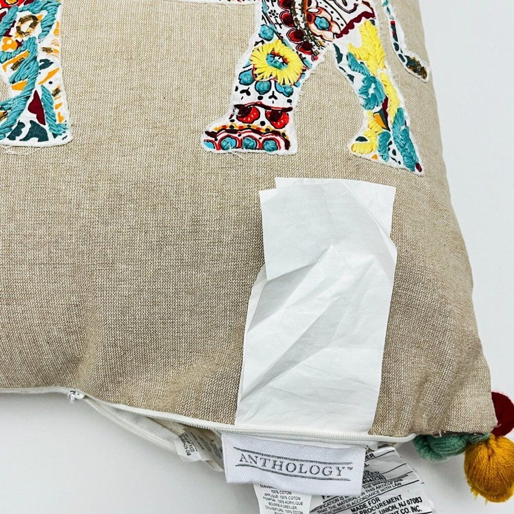Anthology Elephant Embroidered Duck Down Square Throw Pillow Multicolor Boho