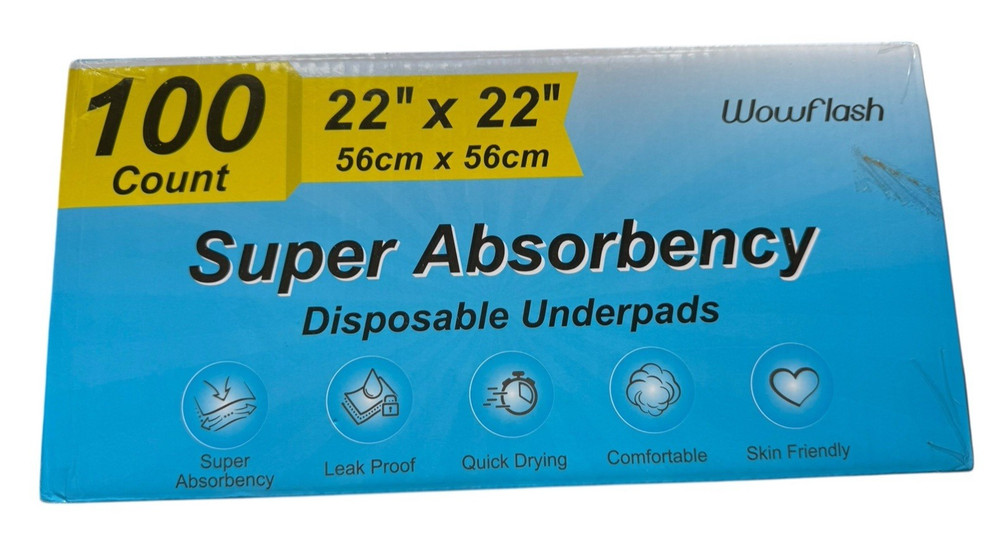 Wowflash 100 Count 22” x 22” Super Absorbency Disposable Underpads