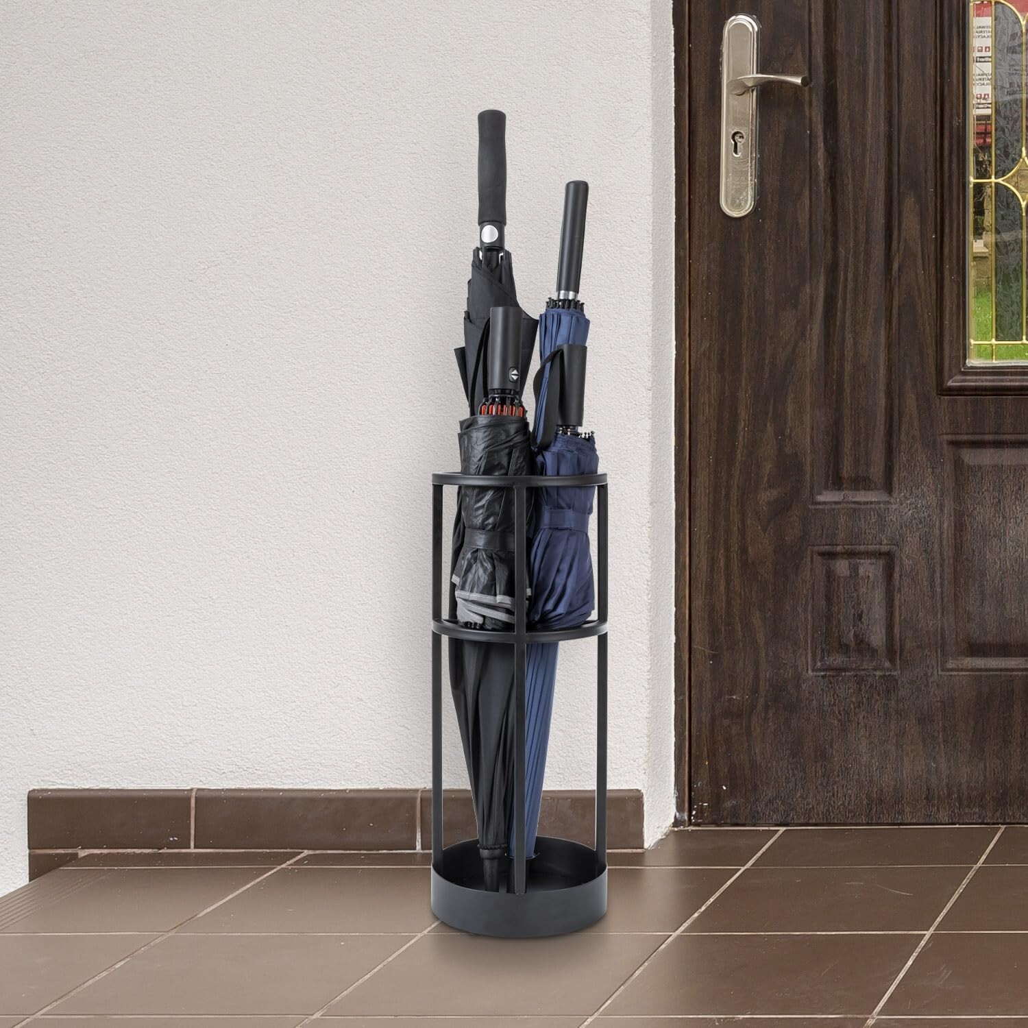 Round Black Metal Freestanding Entryway Umbrella Storage Stand, Umbrella Stand