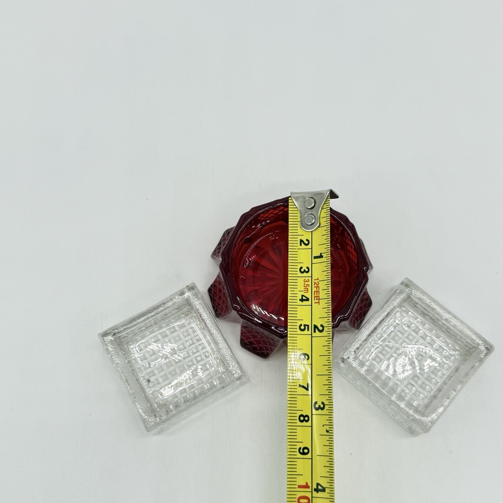 Vtg Mosser Glass Ruby Red Hatched Panel Open Salt Cellar Dip W/2 Clear Cellars
