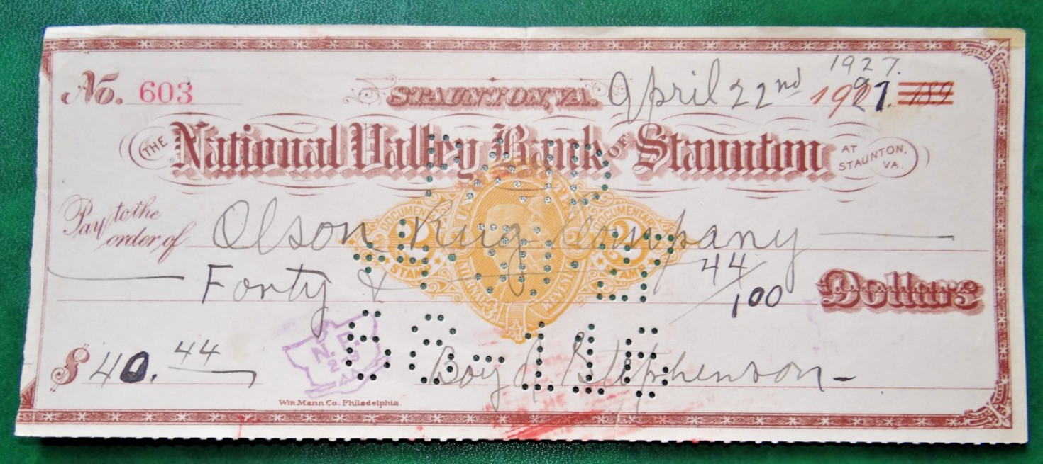 1927 - STAUNTON, VA - Vintage Bank Draft - National Valley Bank of Staunton
