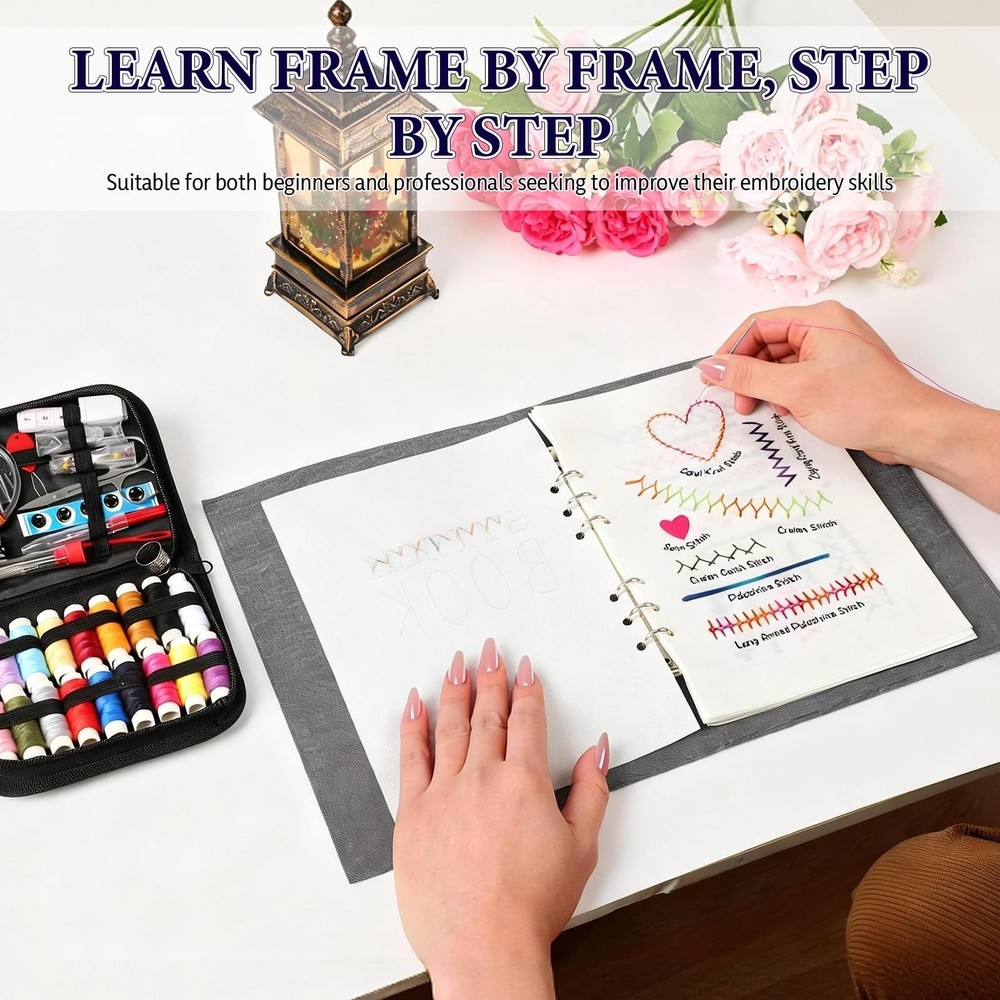 Embroidery Stitch Book Kit 106 Patterns w/ Tools Tutorial Beginner Sewing DIY