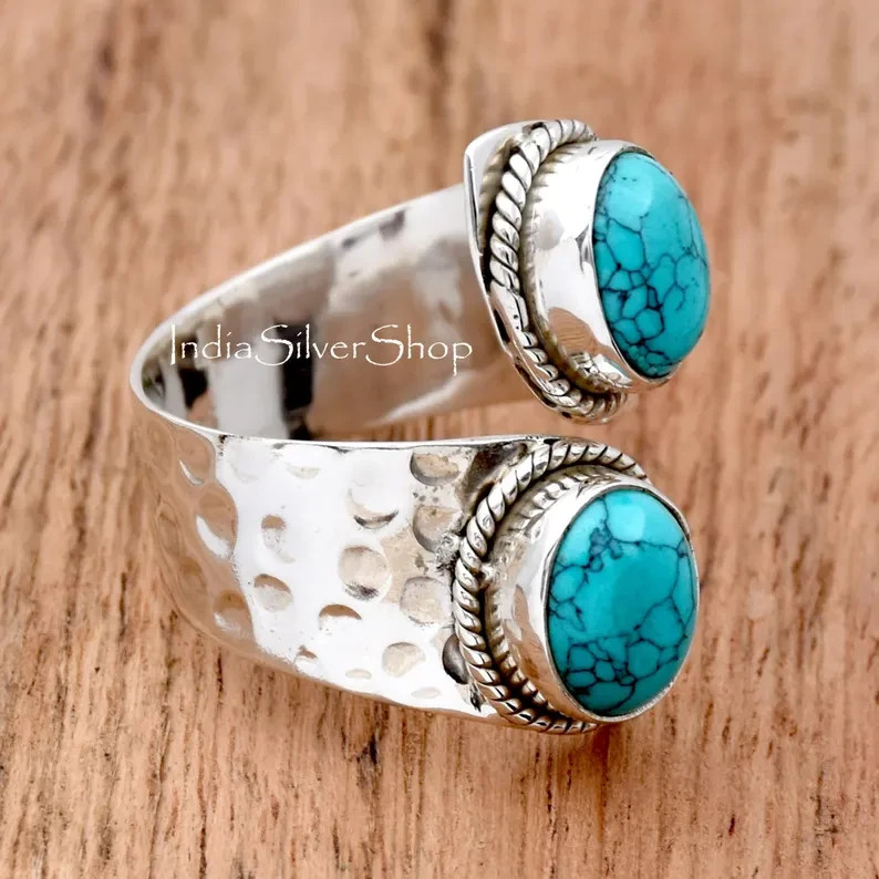 Adjustable Turquoise Ring: Hammered 925 Sterling Silver Statement Ring All Size