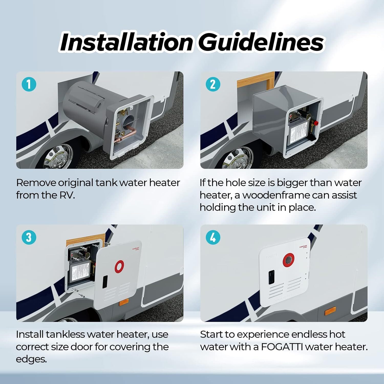 RV Tankless Water Heater 2.9GPM 55000BTU Fogatti InstaShower 8 Plus Without Door