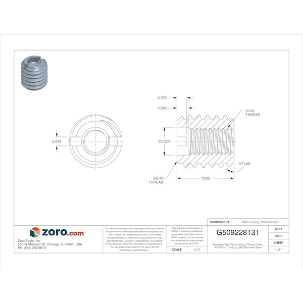 Standard Wall Self Locking Thread Insert, No. 10-32 Int Thrd Sz, 316 Stainless