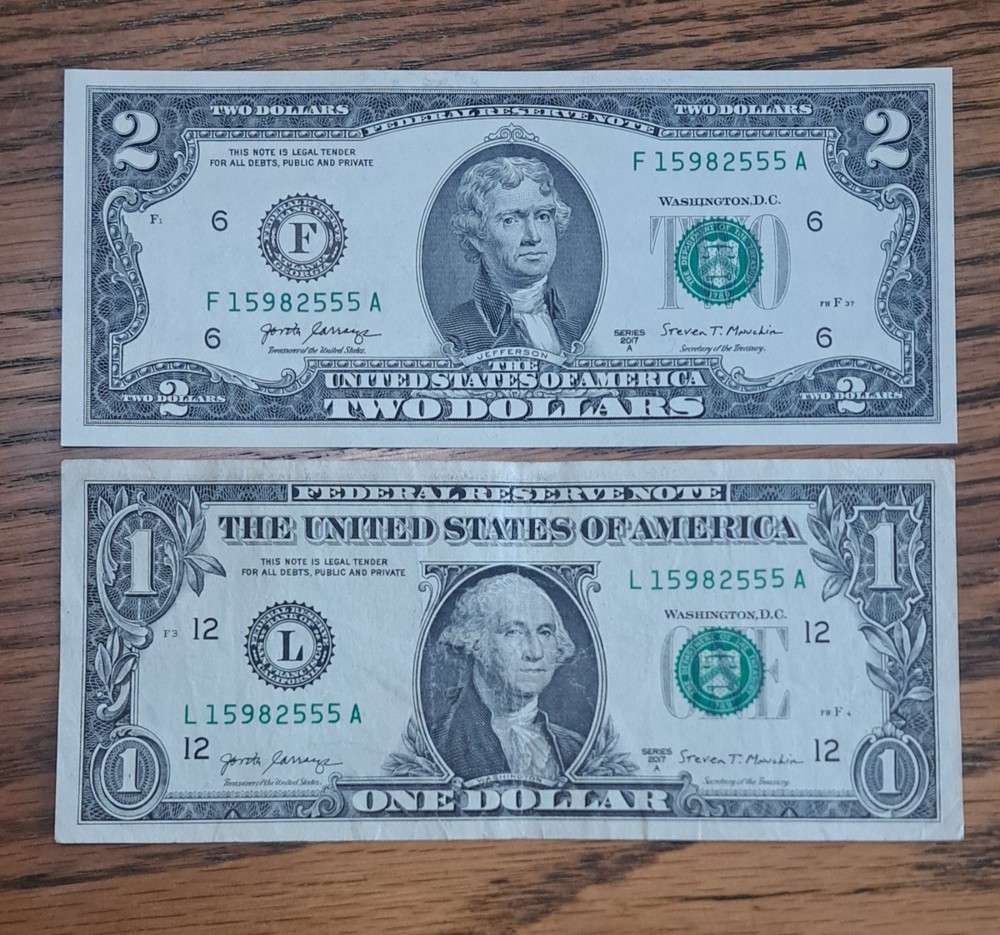 MATCHING $1 & $2 DOLLAR NOTES! –SAME SERIALS -