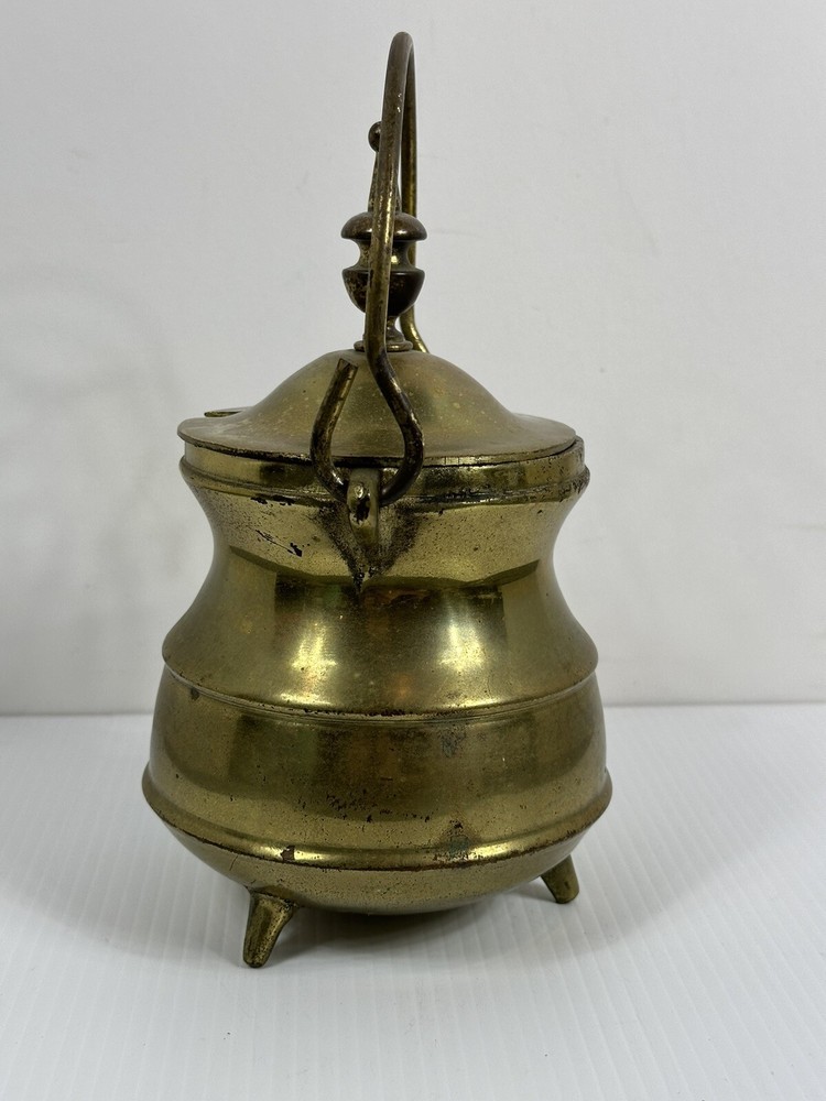 Vintage Solid Brass 3 Footed Fireplace Smudge Pot With Lid