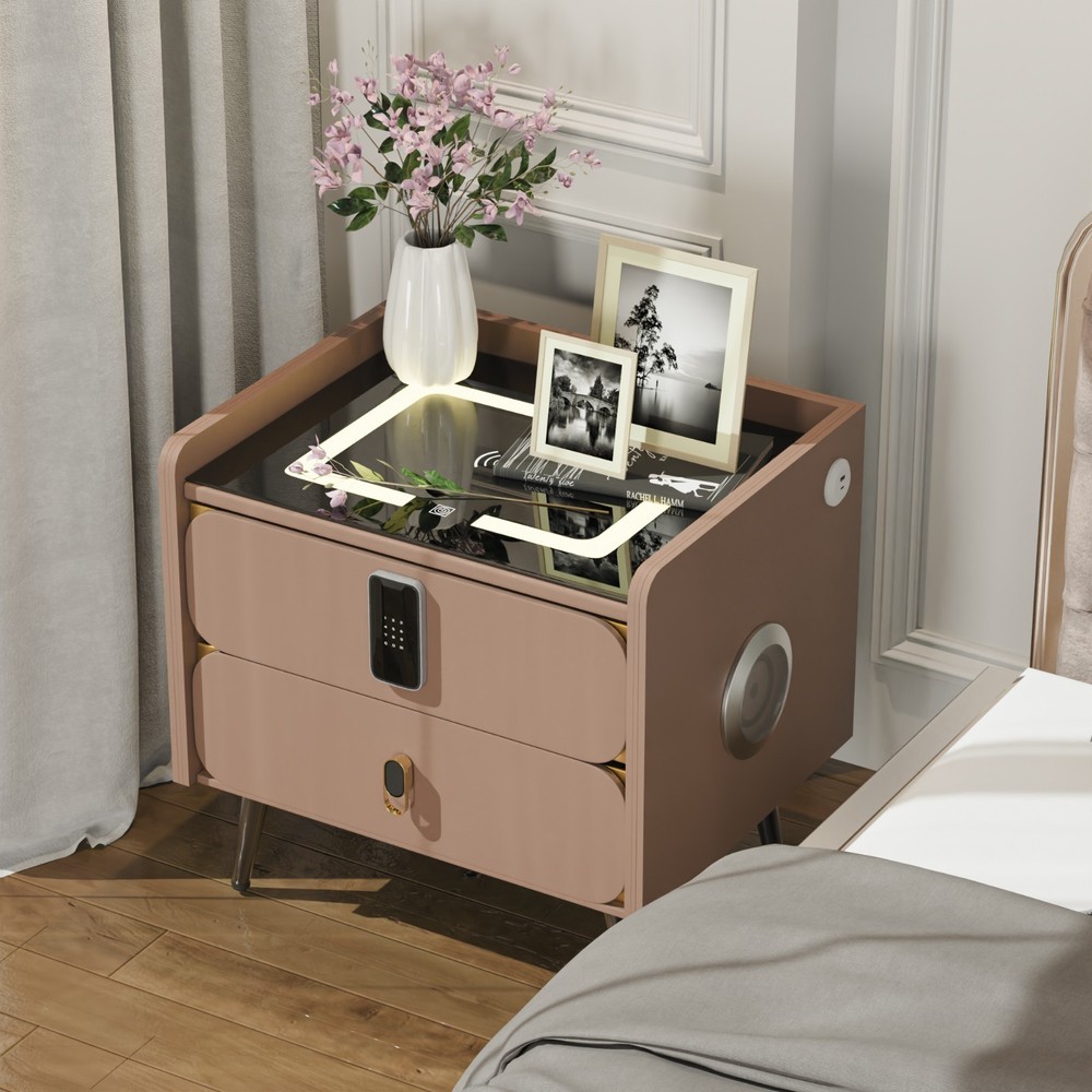 20" Tall Smart nightstand with combination lock &Bluetooth player(Light coffee)