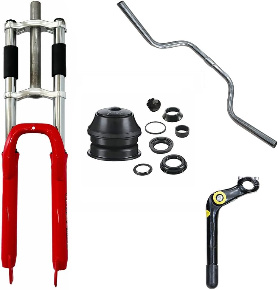Red Bicycle Suspension Fork & Adjustable Quill Stem with Riser Handlebar Combo