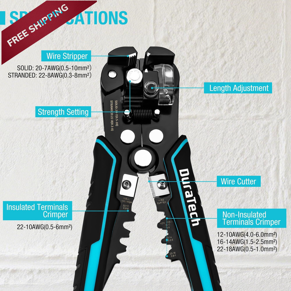 DURATECH Self-Adjusting Wire Stripper, 3-in-1 Automatic Blue/Black