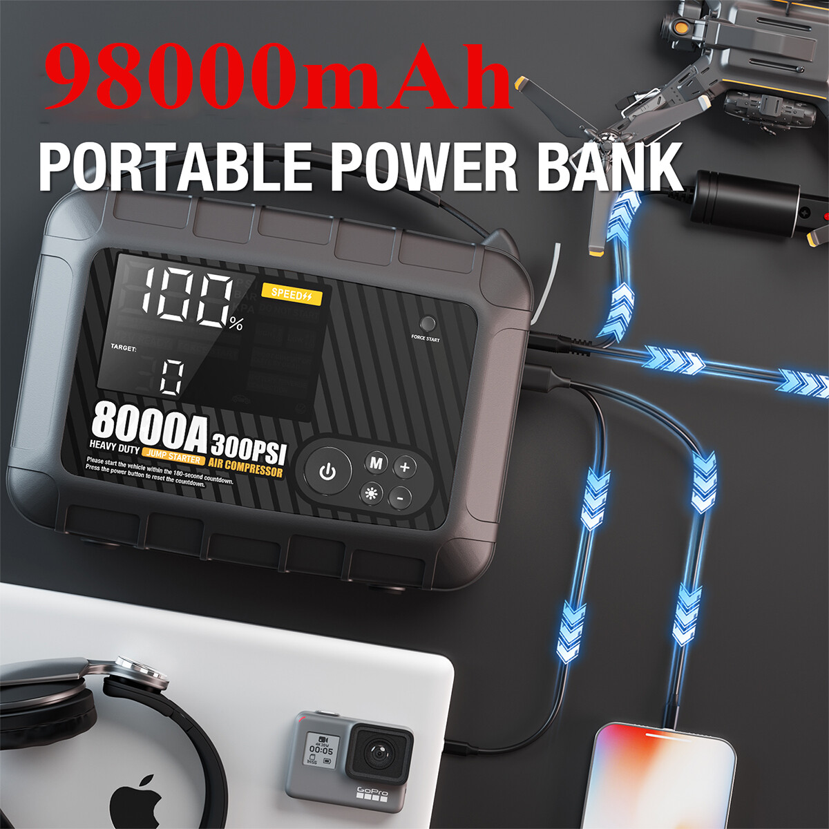 AdoreTrip 8000A Jump Starter +300PSI Air Compressor Battery Power Bank Emergency