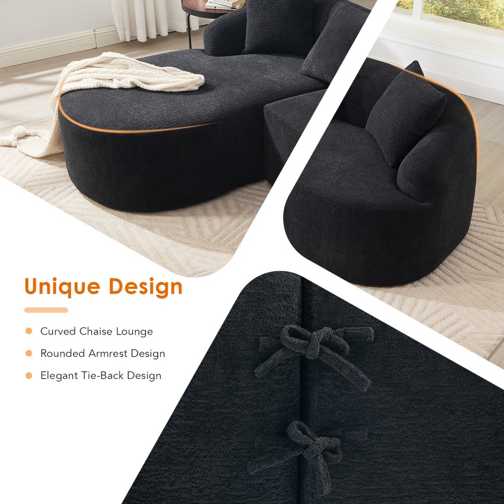 L-Shape Sectional Sofa w/ Chaise, Black Chenille Modular Couch, 30D Foam