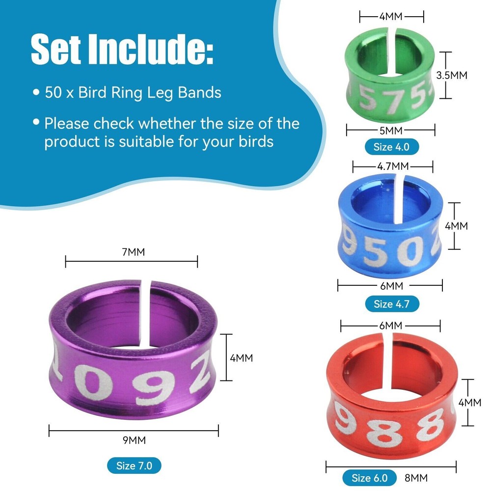 50 Pcs Open Split Aluminum Bird Anklet for Birds Identification Training Ring
