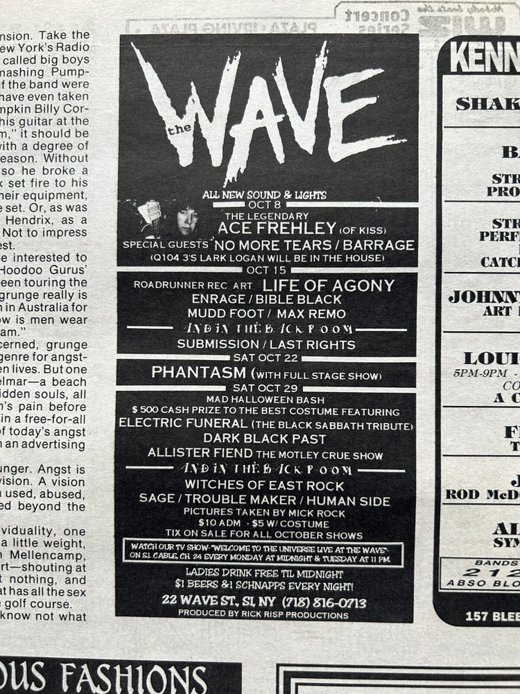 KISS Concert Ad Advert ACE FREHLEY Oct 8 1994 Wave Staten NY Vintage Kiss B