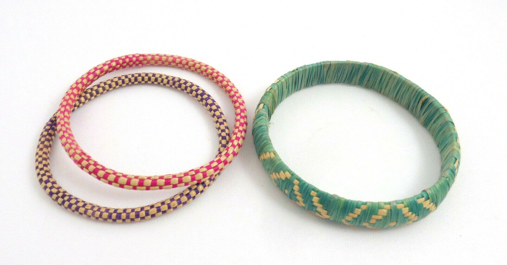 3 VTG Handmade Straw Weave Bangle Bracelets Multi Colored Native Design