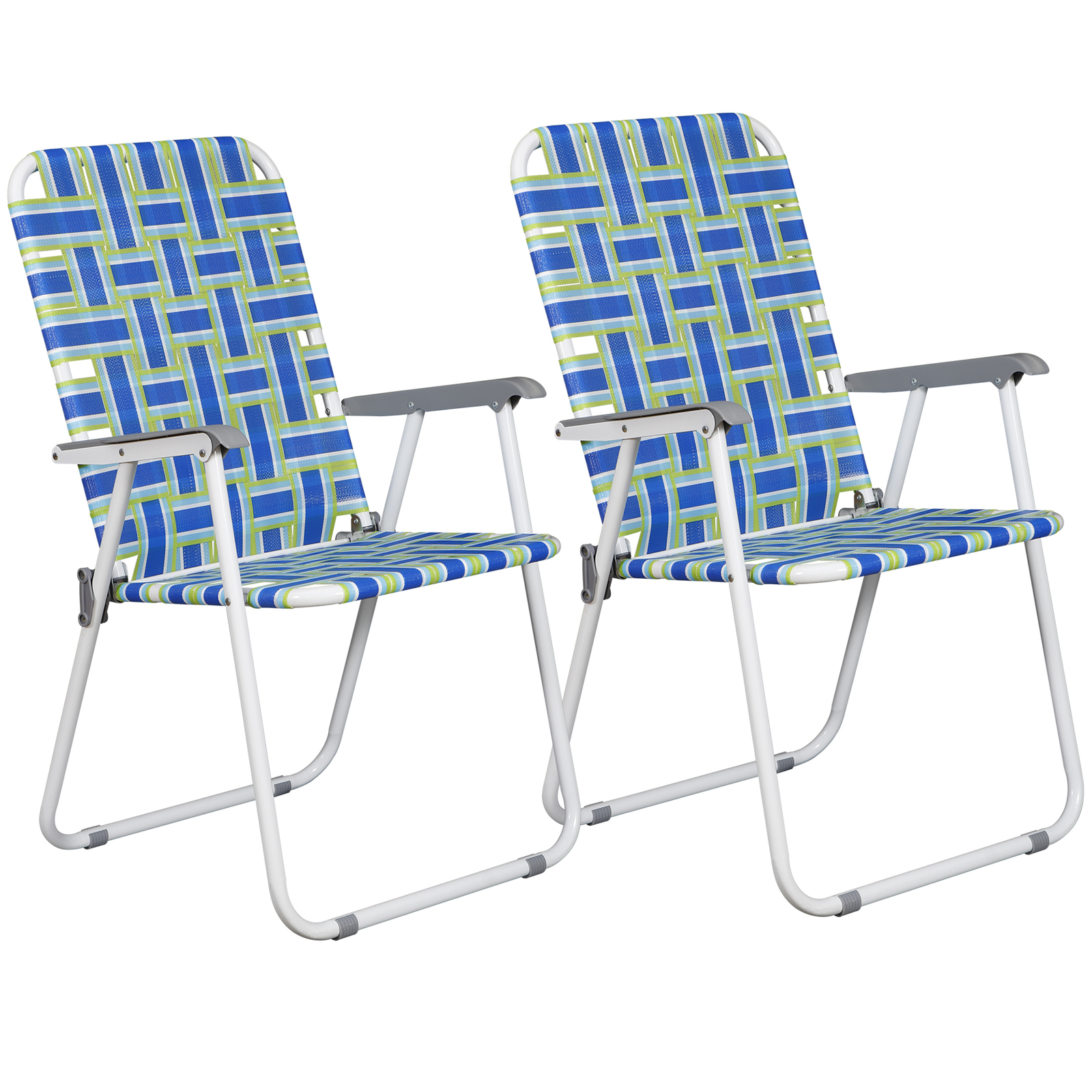Metal Frame Blue Beach Chairs Set of 2 Webbed Folding Patio Lawn Camping Chairs