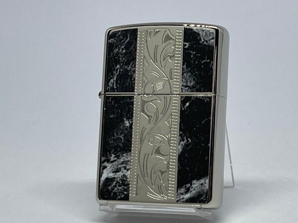 Zippo Lighter Marble Engrave Arabesque Silver Black Etching Regular Case Japan