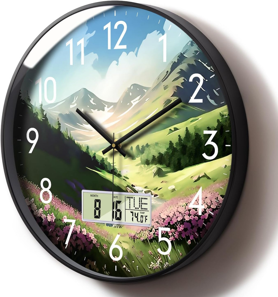 Digital Large Display Silent Wall Clock with Temperature Date Mountain Flowers M