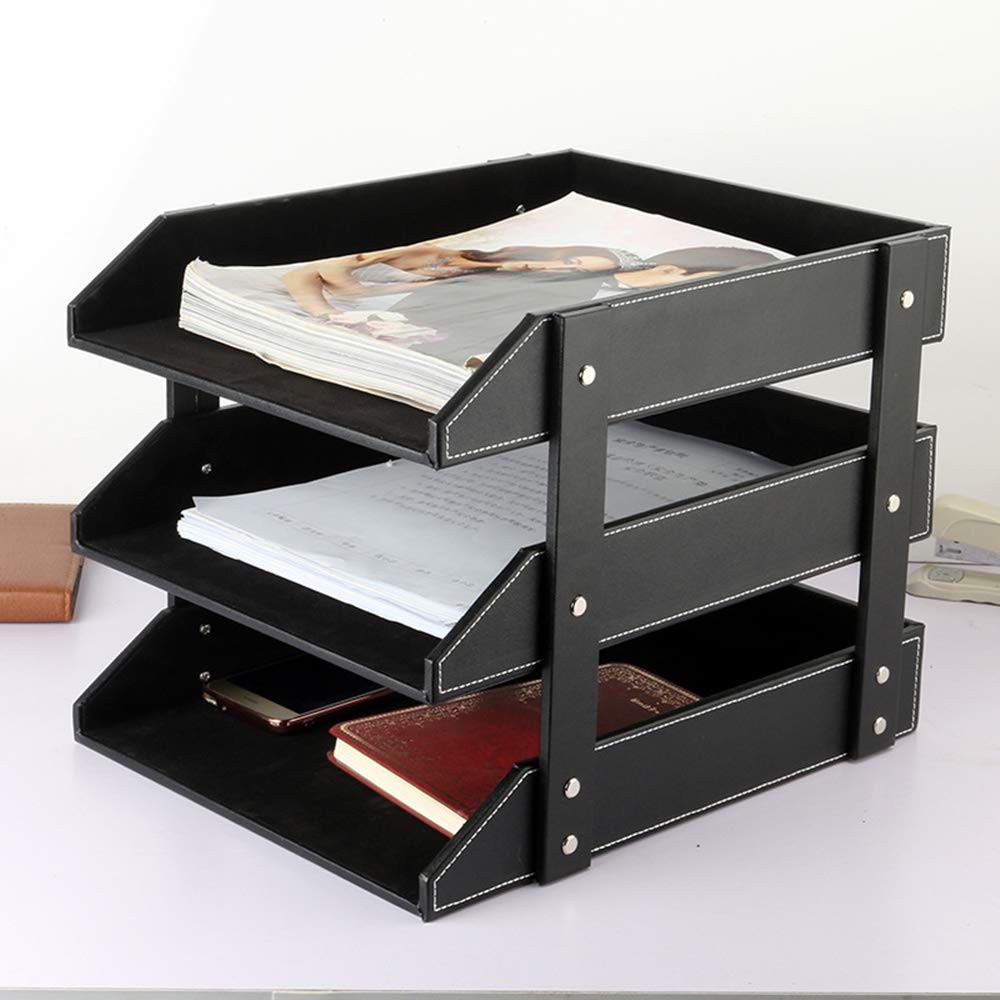 Leather Desk File Organizer, 3-Layer Stackable Tray, Used to documents, folde...