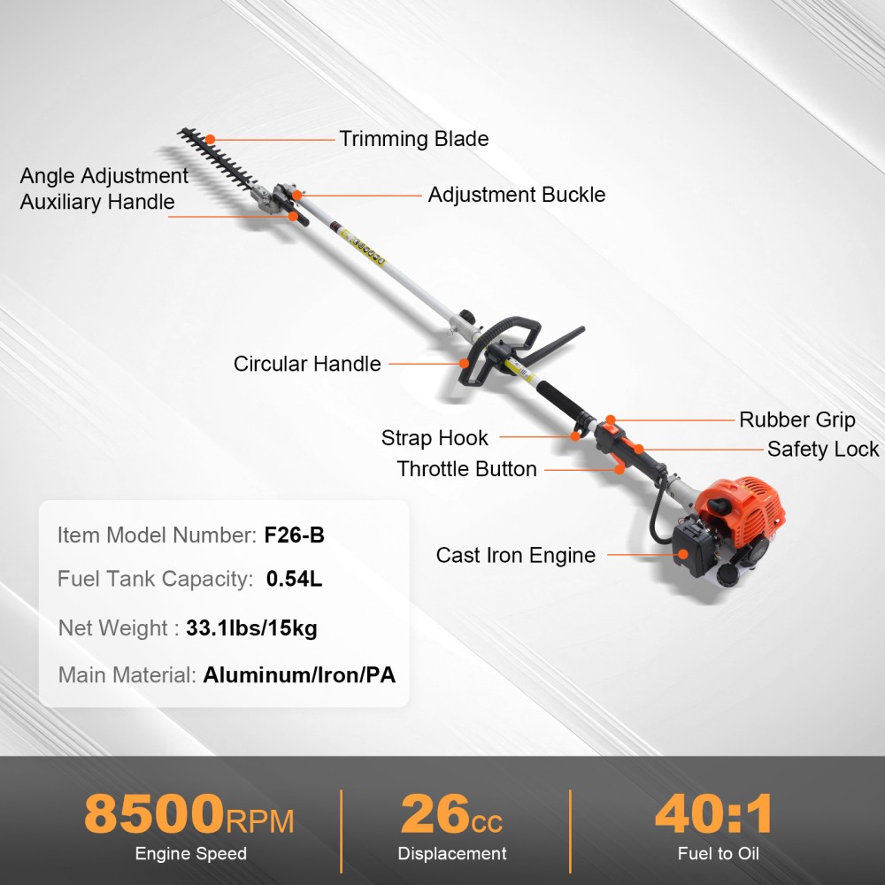 26CC 6-in-1 Gas Multi-Function Pole Hedge Trimmer w/ Extension Pole Gloves