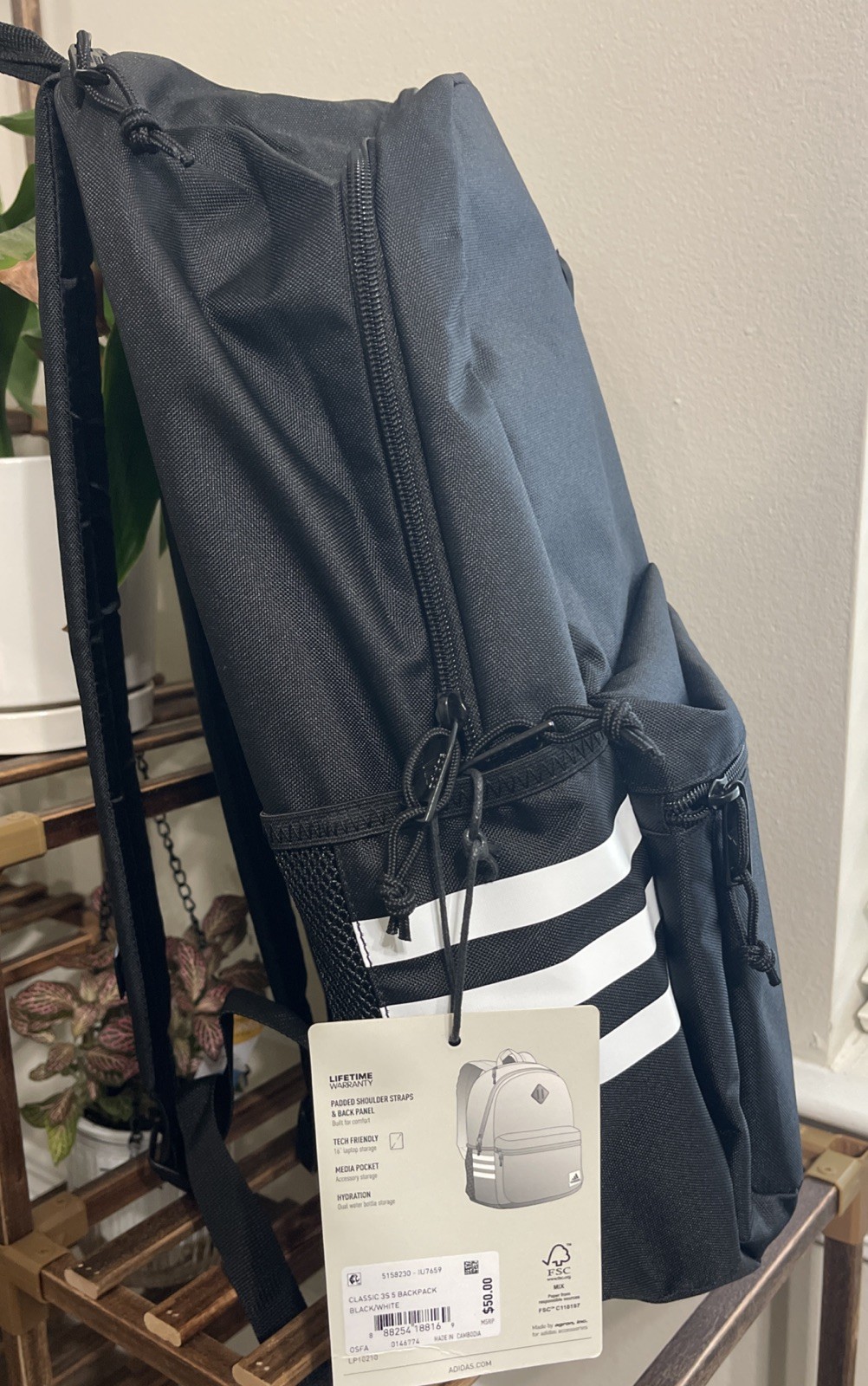 adidas Classic 3-Stripe Backpack 5.0, Black/White, One Size, Black/White